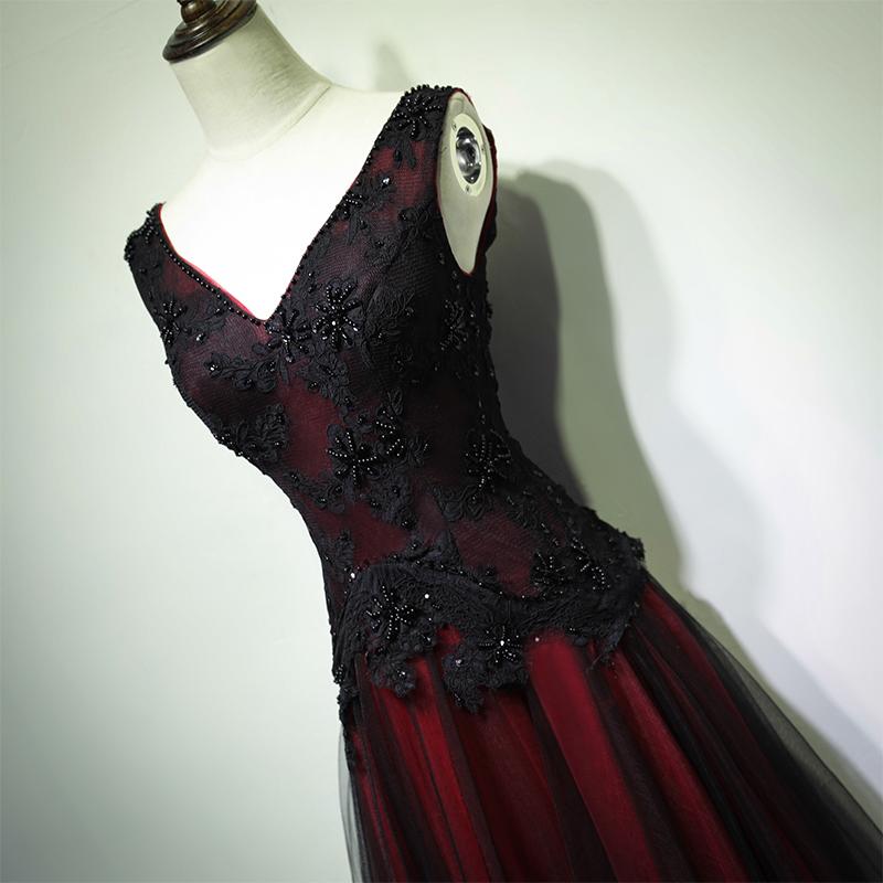 Gorgeous Black And Red V-Neckline Tulle Beaded Prom Dress, Long Evening Dress