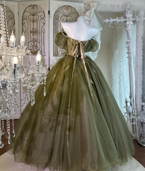 Off The Shoulder A Line Green Tulle Prom Party Dress Evening Dress Birthday Dress