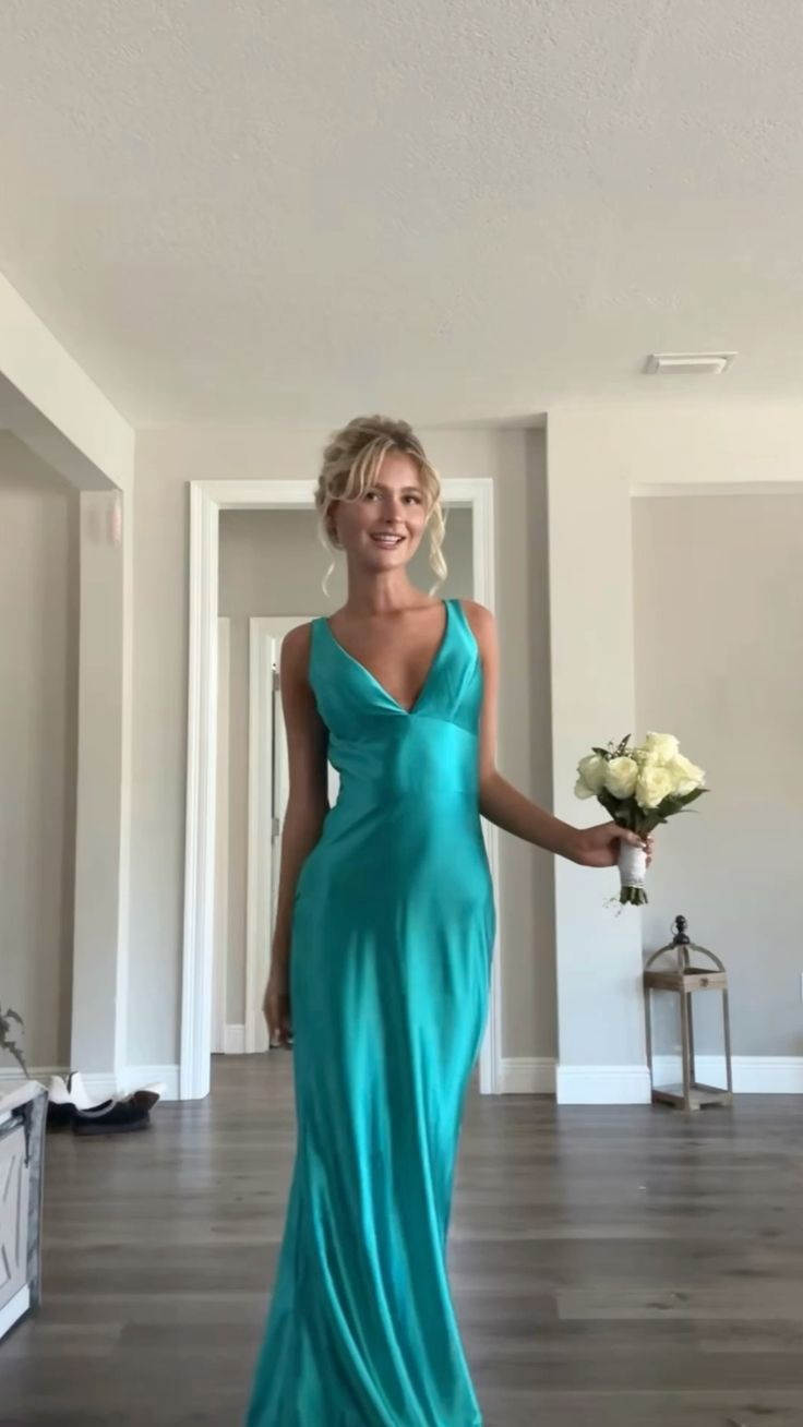 Simple V Neck Satin Long Prom Dress Party Dress