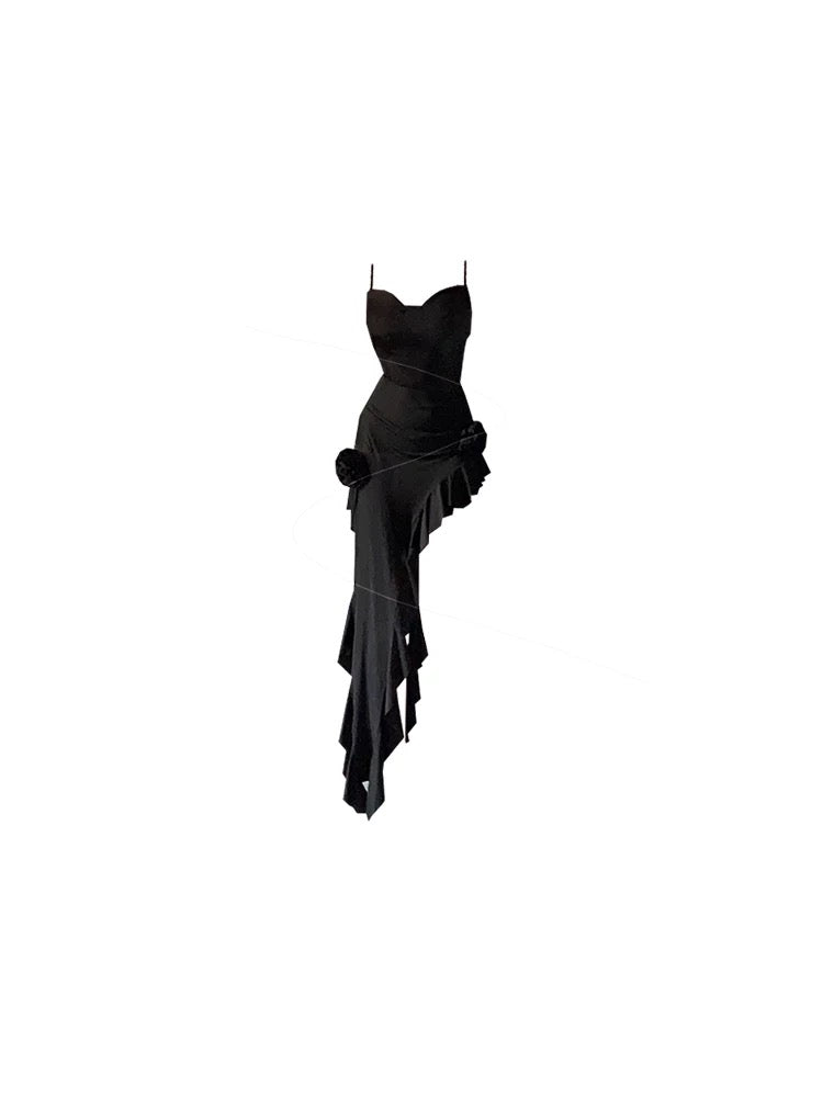 Simple Sheath Spaghetti Straps Black Satin Vacation Beach Dress Long Birthday Dresses