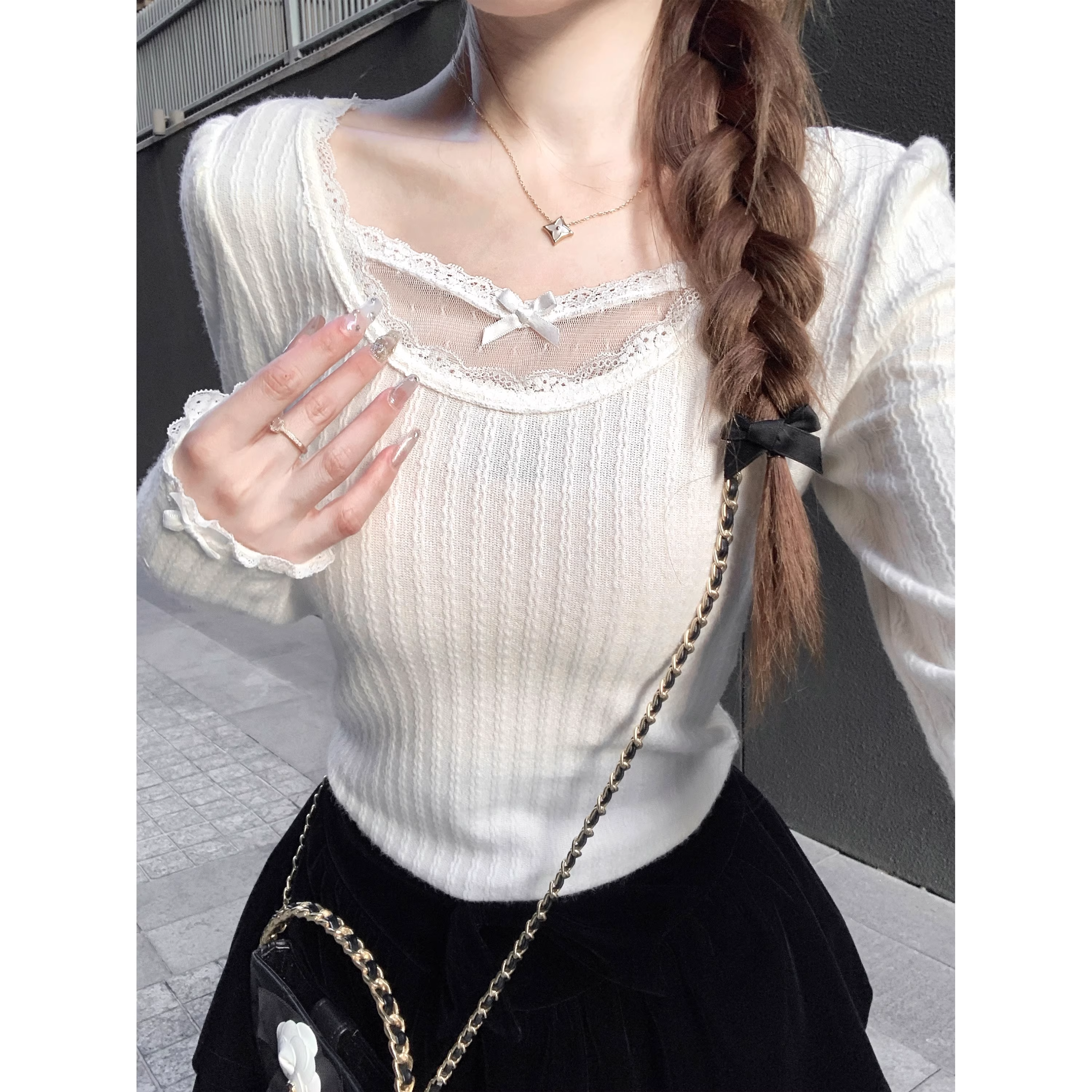 French-style lace base layer top for women slim fit A45