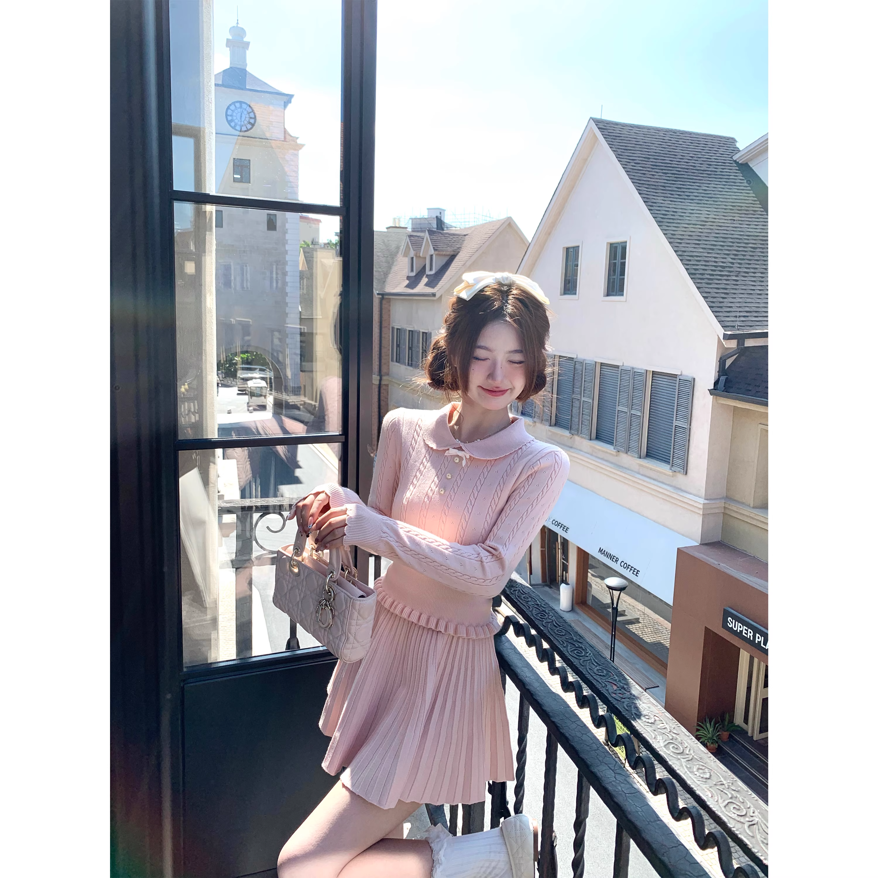 Pink long-sleeved knit sweater and skirt set - super cute autumn/winter outfit A06