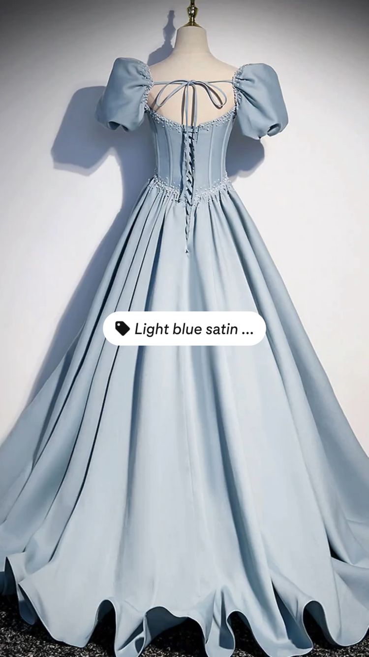 Light Blue Satin Long Prom Dress Short Sleeves Birthday Dress Princess Dress