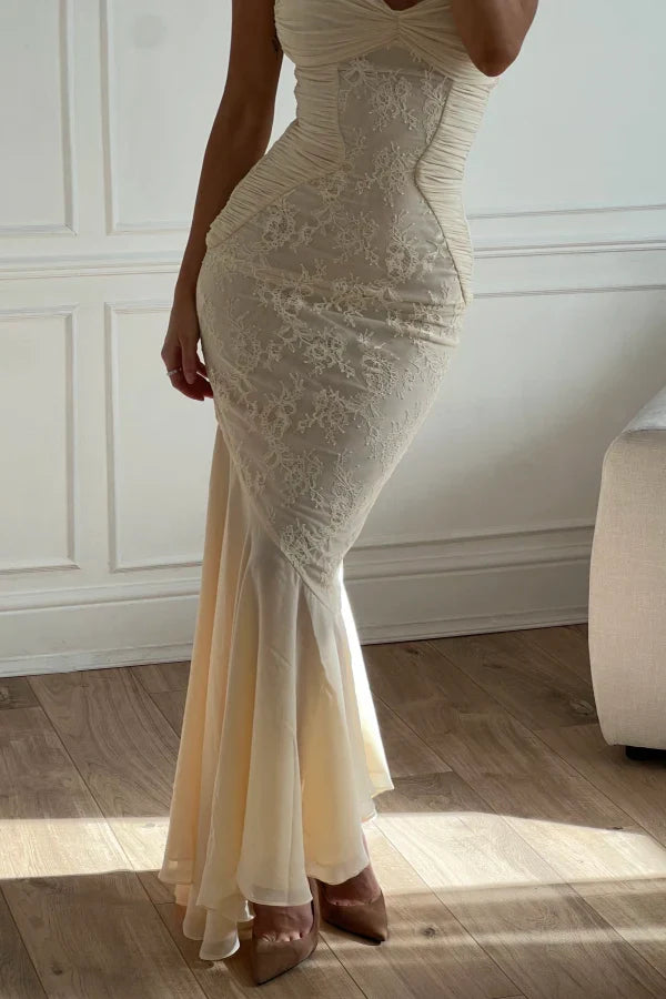 Vintage Mermaid Spaghetti Straps Ivory Lace Floor Length Prom Dresses Chiffon Evening Dress