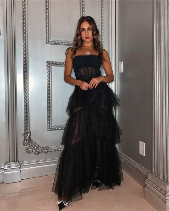 Spaghetti Strap Mesh Corset Gown Long Prom Dress Black Evening Dress