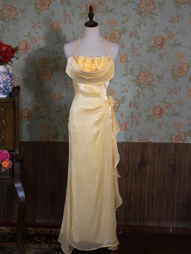 Vintage Halter Neck Floral Prom Dress Fairy Yellow Evening Dress Party Princess Dress