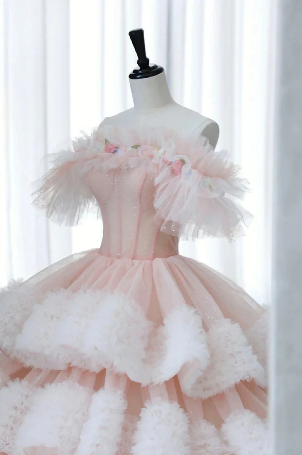 Classy Off The Shoulder Tulle Pleated Tiered Ball Gown Sweet Quinceanera Dress