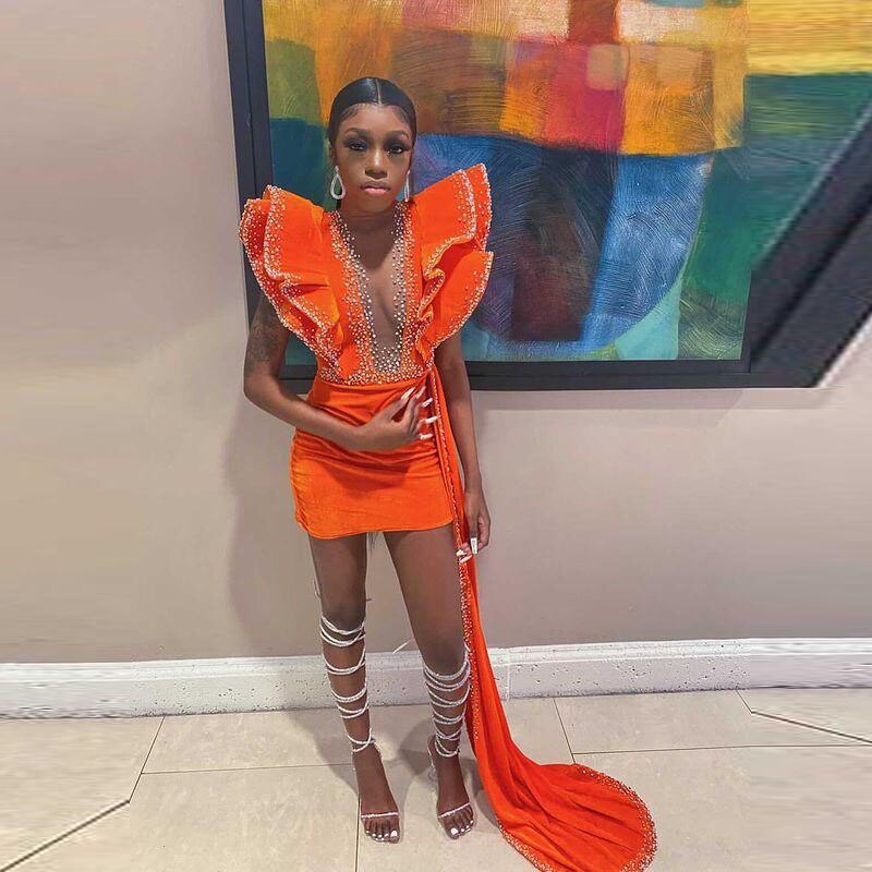 Orange Velvet Short Prom Dress Beaded Ruffle Sleeve Real Picture African Dark Skin Girl Party Dress