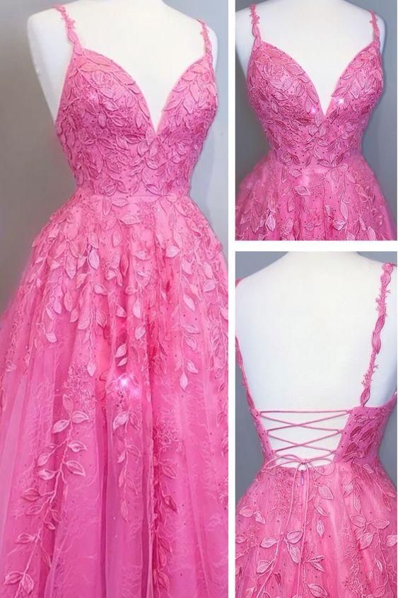A-line bright pink lace appliqued long prom dress with lace up back