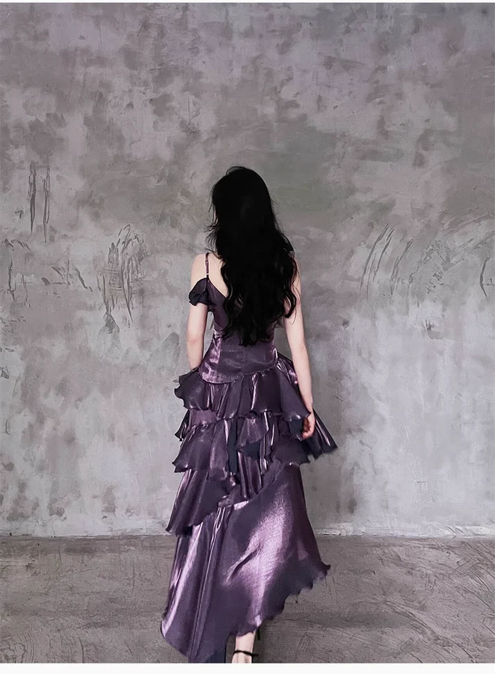 Purple Irregular Ruffle Spaghetti Straps Prom Dress Long Layered Birthday Dress Party Dress