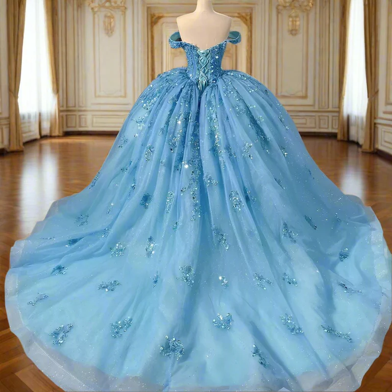 Sparkly Blue Sequins Beaded Ball Gown Luxury Off The Shoulder Sweet 16 Dress Birthday Dress
