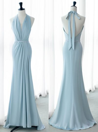 French Romantic Halter Satin Mermaid Prom Dress Blue V Neck Backless Evening Dress