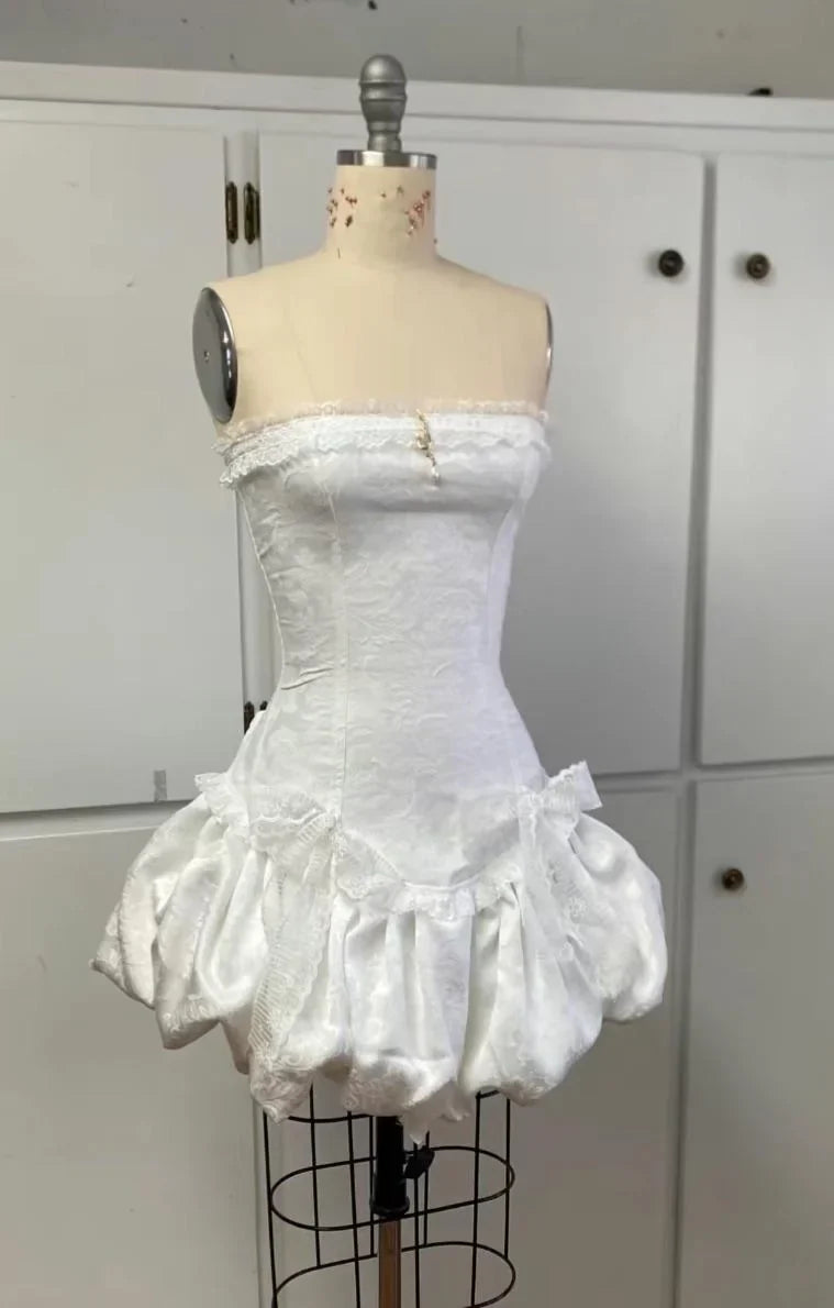 50s Vintage Sheath Strapless Lace Applique White Homecoming Dress Party Dress