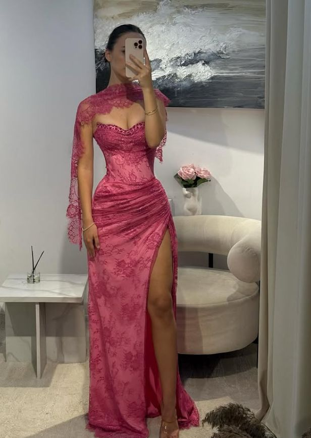 Pink Lace Prom Dress Sweetheart Neck Evening Dress With Slit