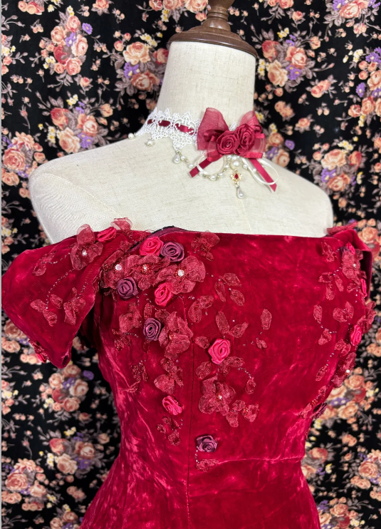 Off The Shoulder Burgundy Prom Party Dress Velvet Evening Dress