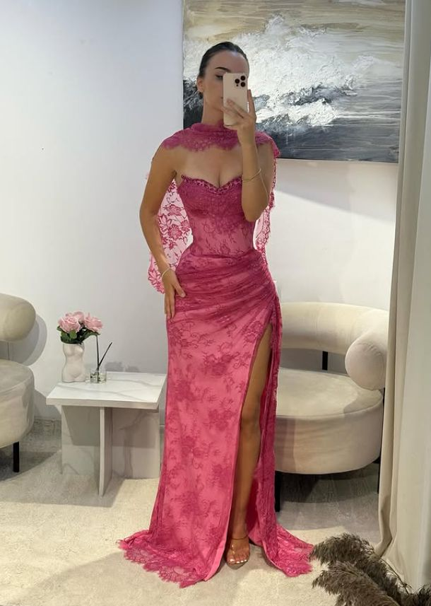 Pink Lace Prom Dress Sweetheart Neck Evening Dress With Slit