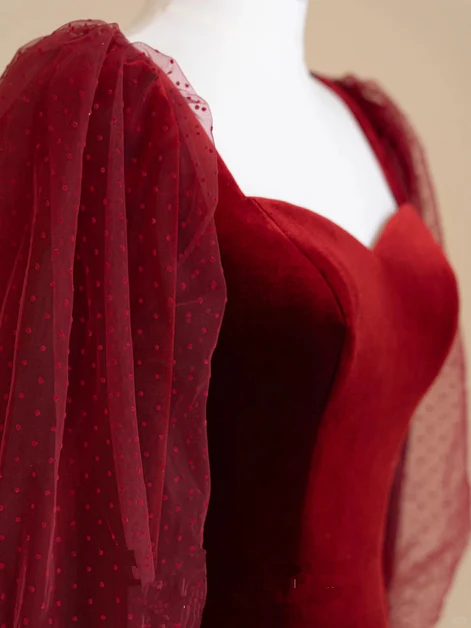 Elegant Burgundy Velvet Long Prom Dress, Puffy Sleeves Wedding Party Dress