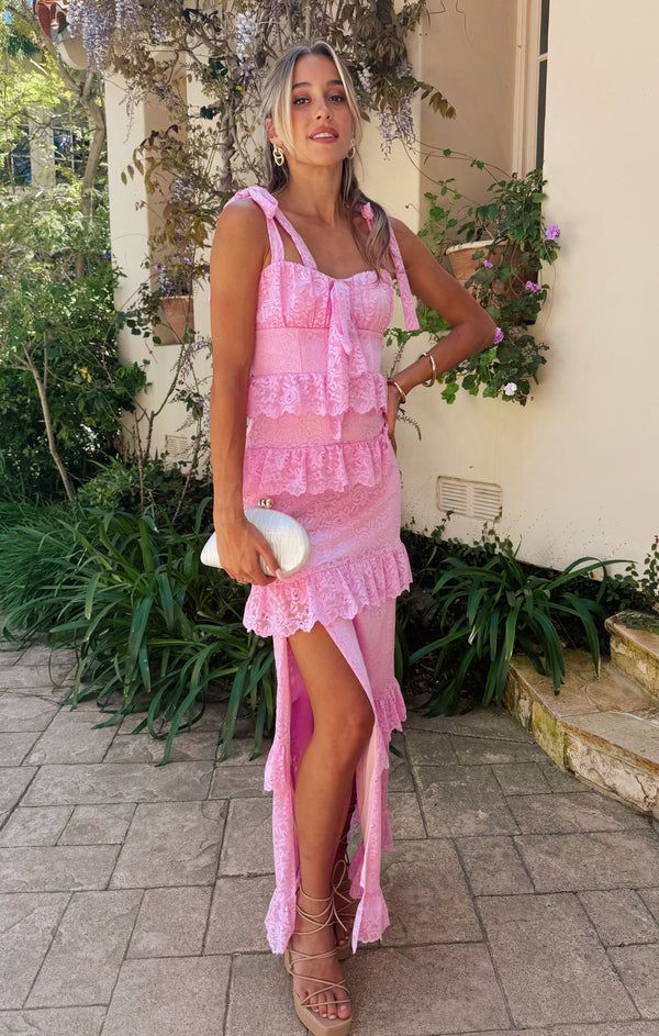 Lovely Pink Lace Tiered Side Slit Long Party Dress Formal Prom Evening Gown