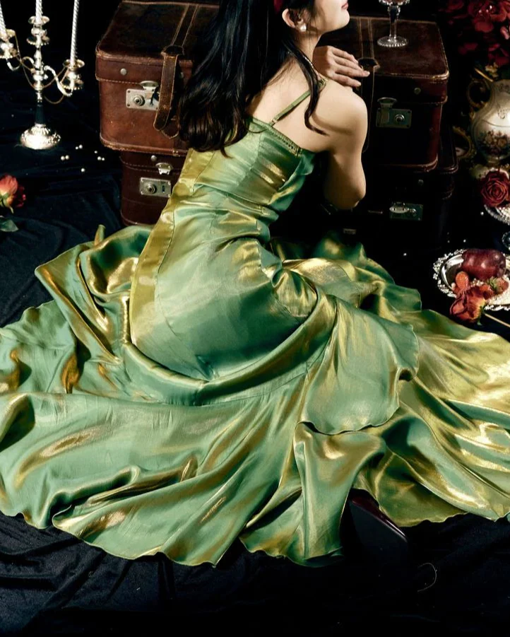 Elegant Mermaid Ruffles Spaghetti Straps Prom Dress With Flower,Formal Party Evening Dress