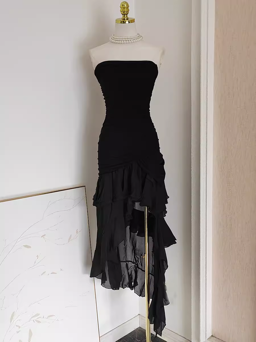 Sexy High Low Strapless Black Chiffon Ruffles Vacation Dress Women Dresses
