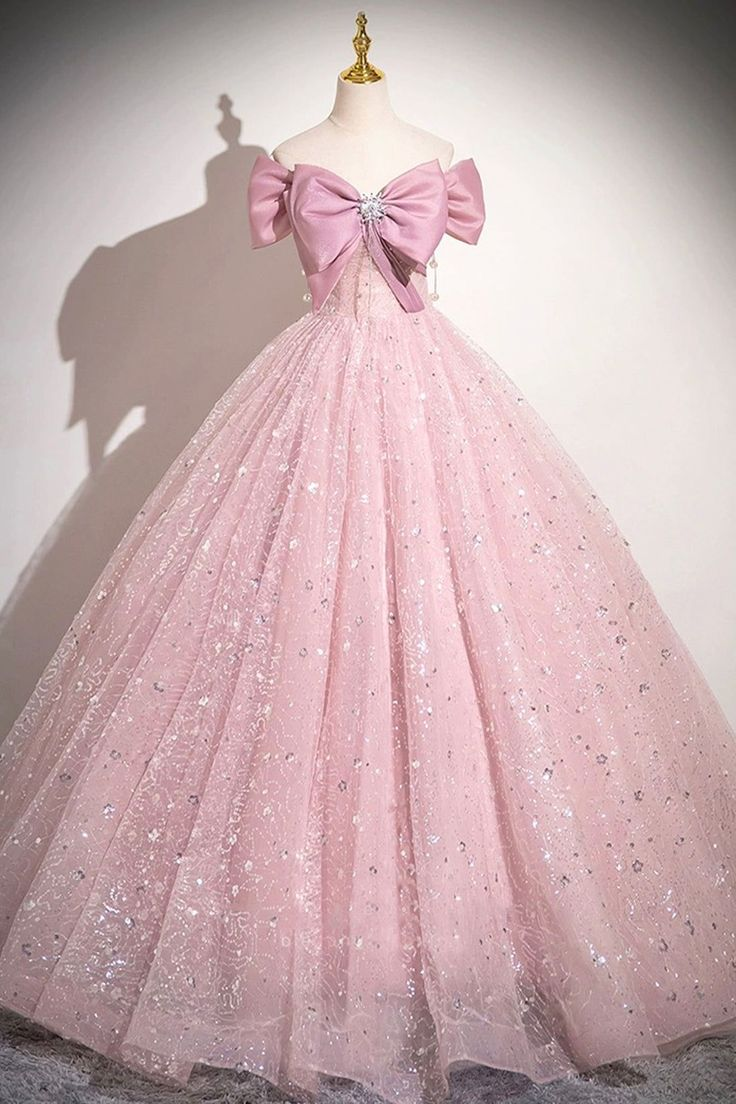 Cute Pink Tulle Sequins Long A-Line Ball Gown, Off Shoulder Sweet 16 Dress