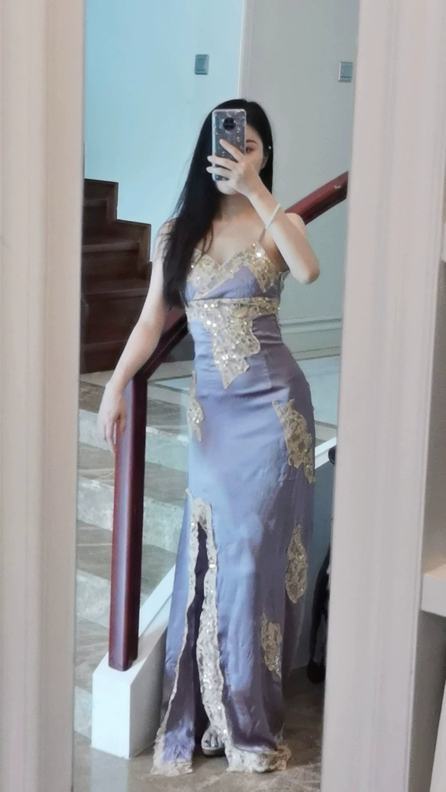 Elegant Satin Long Prom Dress With Split Vintage Evening Dress With Lace Applique