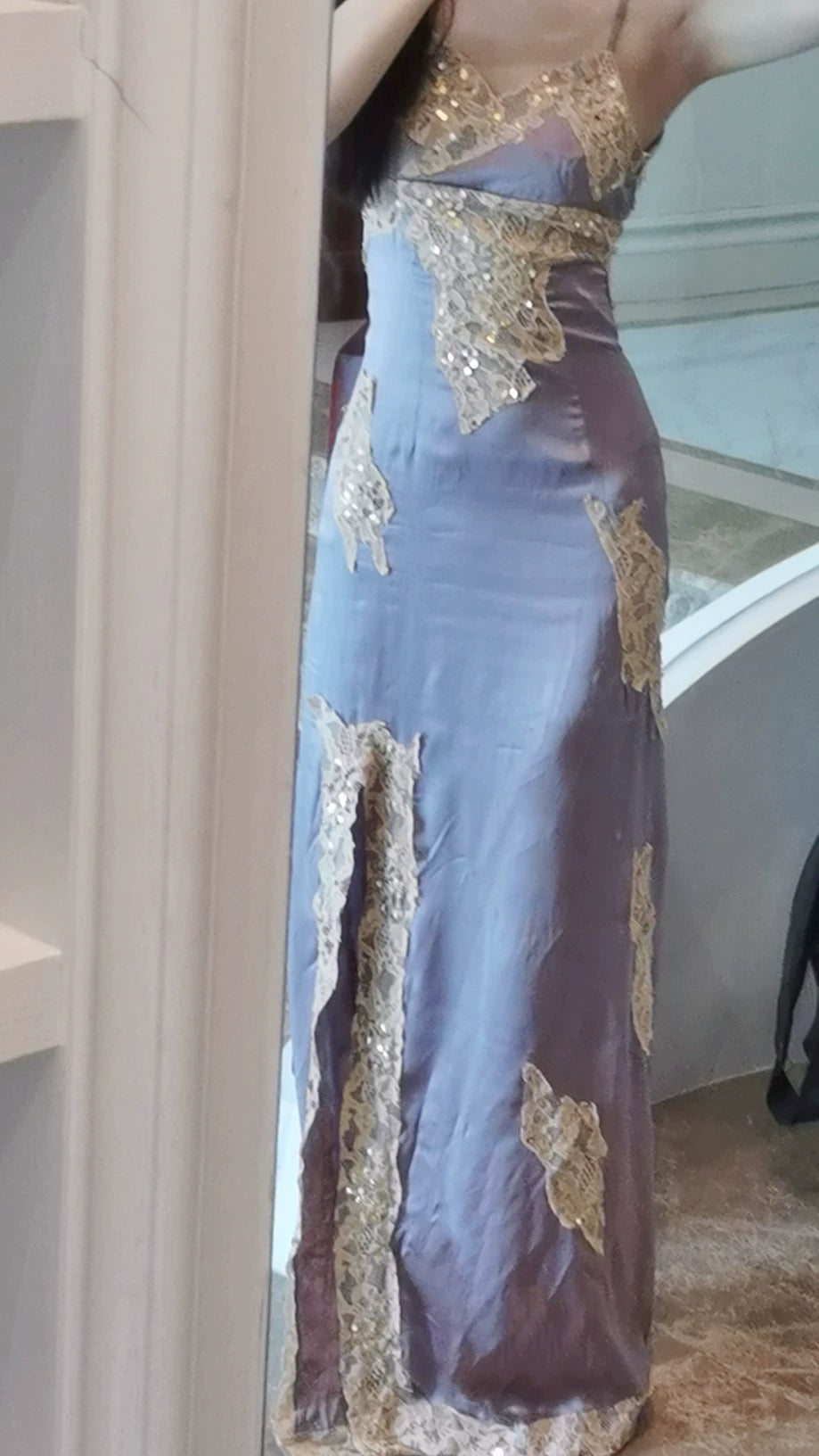 Elegant Satin Long Prom Dress With Split Vintage Evening Dress With Lace Applique