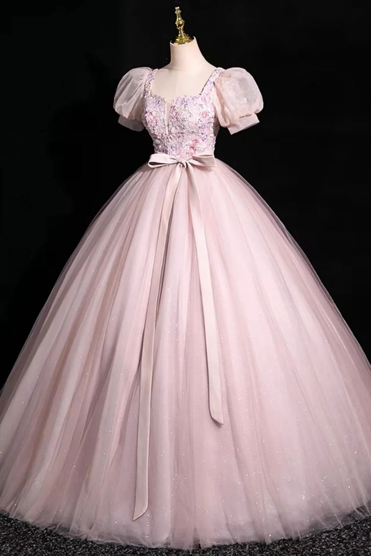 Pink Short Sleeves Floor Length Tulle Long Prom Dress, Long Pink Tulle Formal Evening Dress