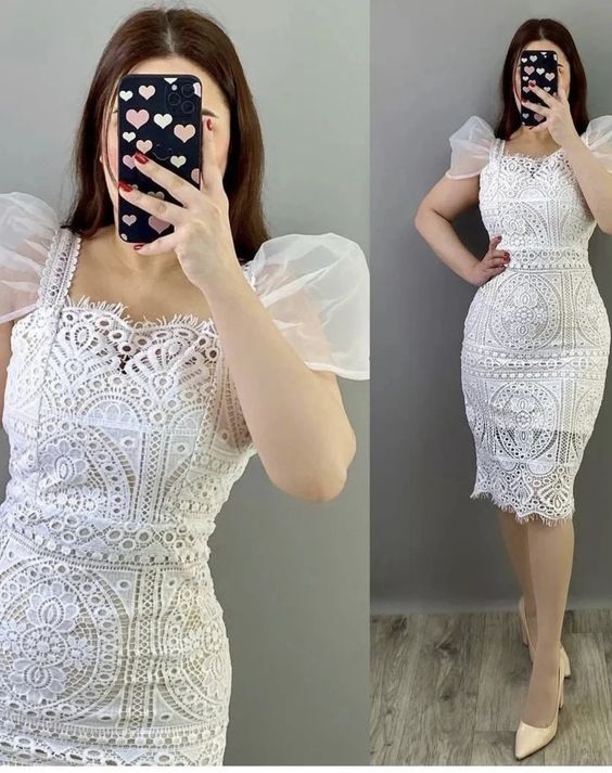 White Lace Dress Women Square Neck Puff Sleeve Hook Flower Hollow Party Dresses