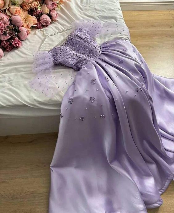 Vintage A line Sweetheart Pearls Long Sleeves Lilac Prom Dress Evening Dresses