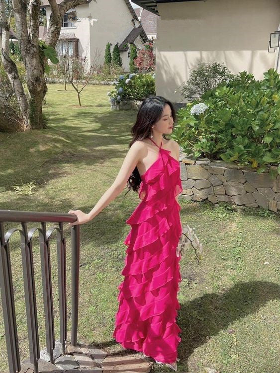 Sheath Halter Sleeveless Pink Chiffon Prom Dress 22th Birthday Outfit