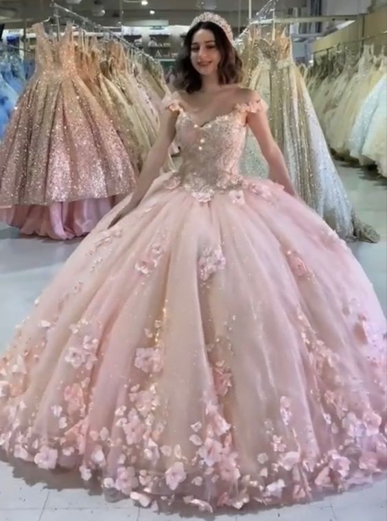 Pink Ball Gown With 3D Flowers Sweet 16 Dress Romantic Pink Embroidery Cape Ball Gown 3D Floral Beaded Long Sweet Frill Dress