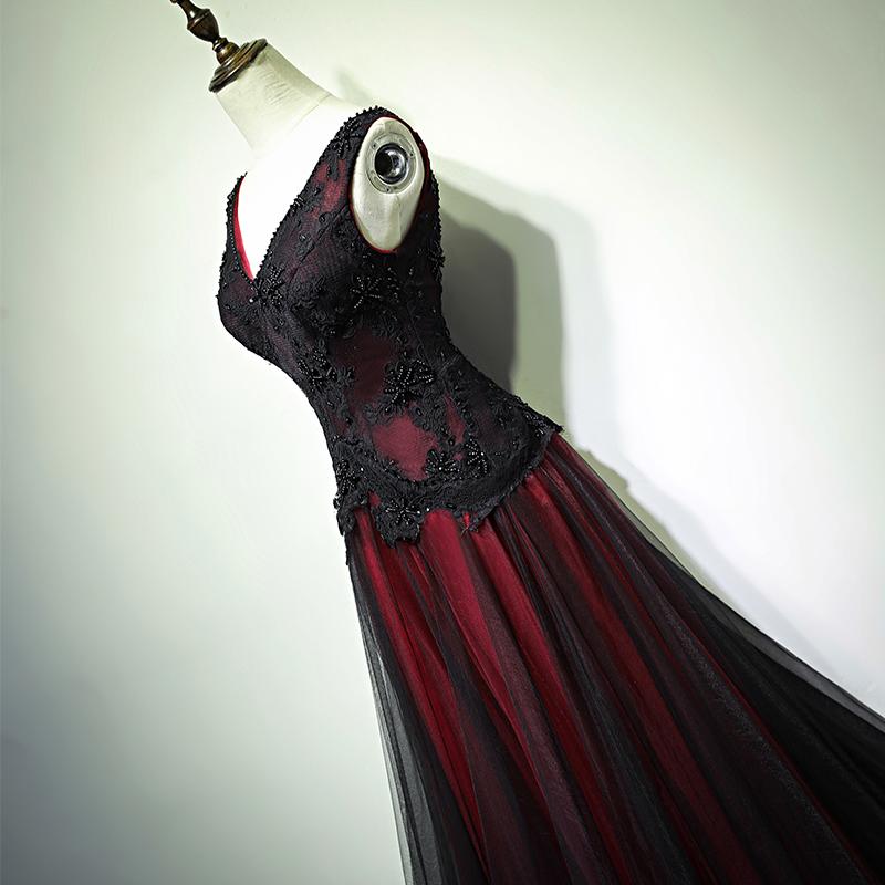 Gorgeous Black And Red V-Neckline Tulle Beaded Prom Dress, Long Evening Dress