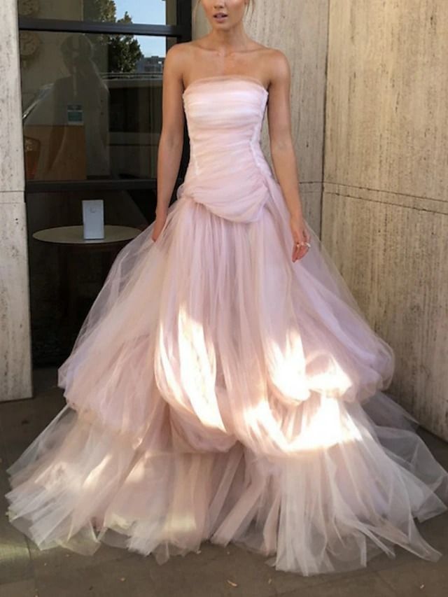 Light Pink Tulle Long Prom Dress Elegant Ball Gown