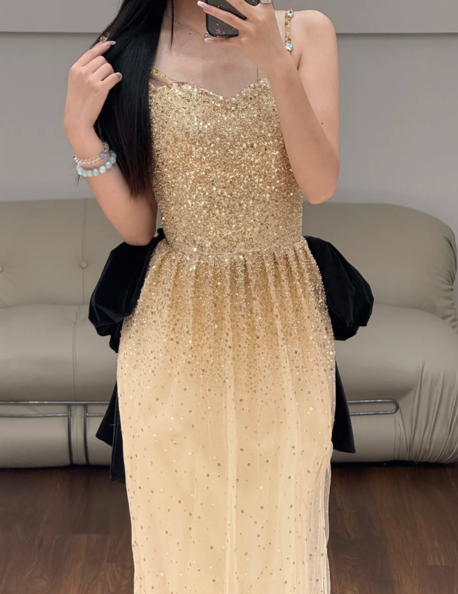 Gold Sequin Prom Party Dress Birthday Outfit Shiny Evening Dress