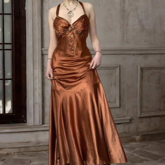 Halter A Line Satin Long Prom Dress Vintage Formal Party Dress