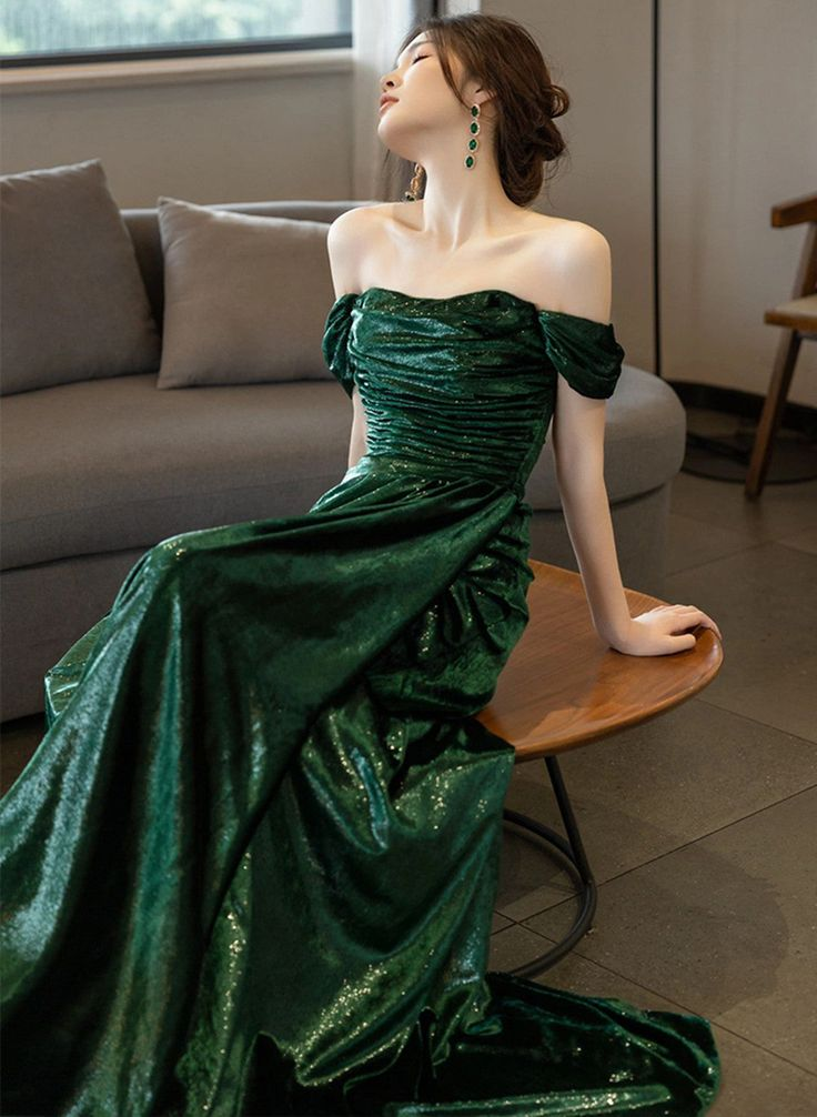 Beautiful Green Off Shoulder Evening Dress, Green Long Prom Dress