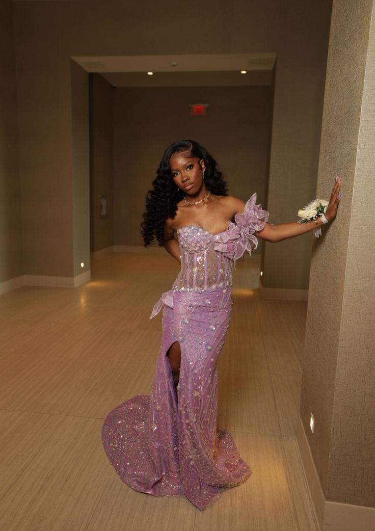 Luxurious Purple Beaded Sequin 3D Flower High Slit Tulle Train Prom Dress Evening Dress