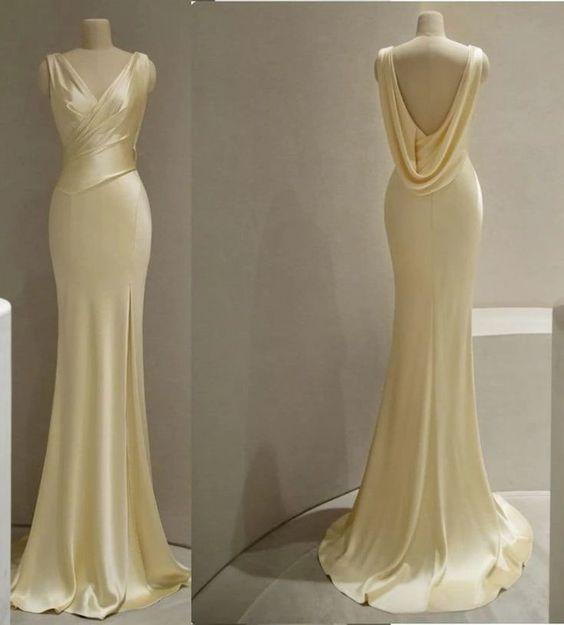 Beautiful V Neck Yellow Satin Prom Dress Mermaid Evening Dress