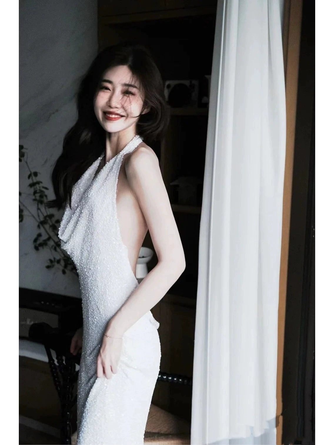 Halter Neck White Sequin Long Prom Dress Elegant Evening Dress