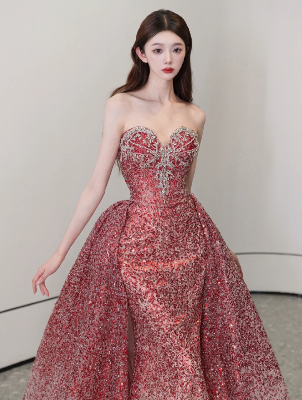 Sweetheart Neck Burgundy Prom Party Dress Sparkle Evening Dress Birthday Dress