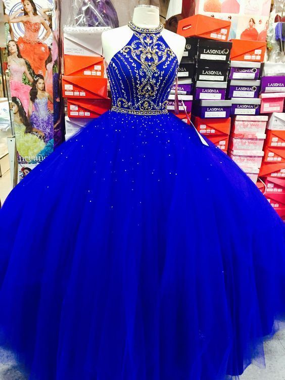 Royal Blue Halter Beaded Ball Gown Quinceanera Dresses ,Sweet 15 Quinceanera Dress