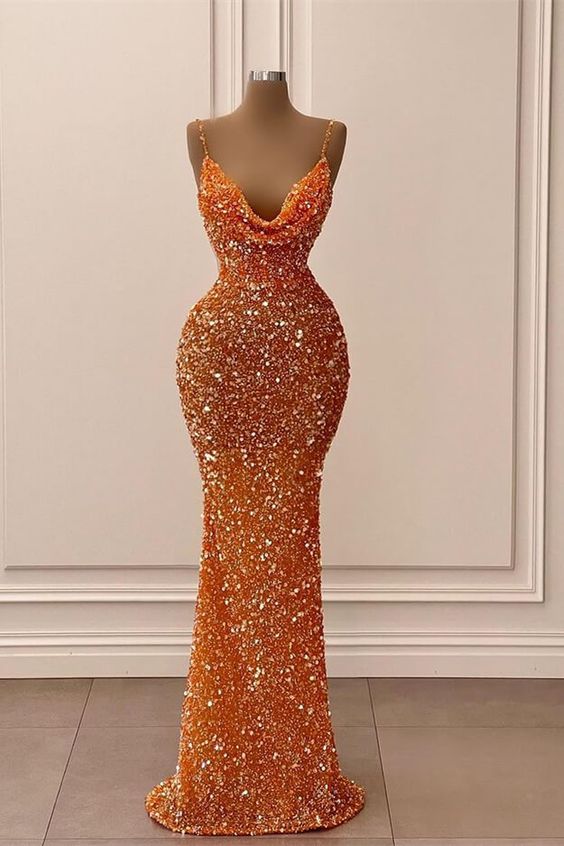 Orange V-Neck Mermaid Spaghetti-Straps Long Prom Dress With Sequins