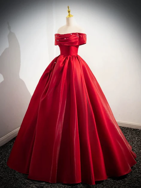 Red Satin Off Shoulder Long Prom Dress, Beautiful A Line Ball Gown