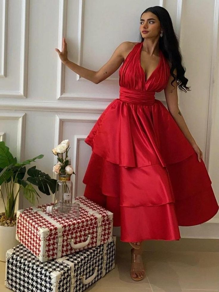 Sexy Halter V Neck Satin Layered Evening Dress A Line Party Dress