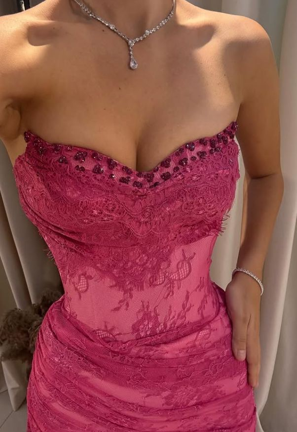 Pink Lace Prom Dress Sweetheart Neck Evening Dress With Slit