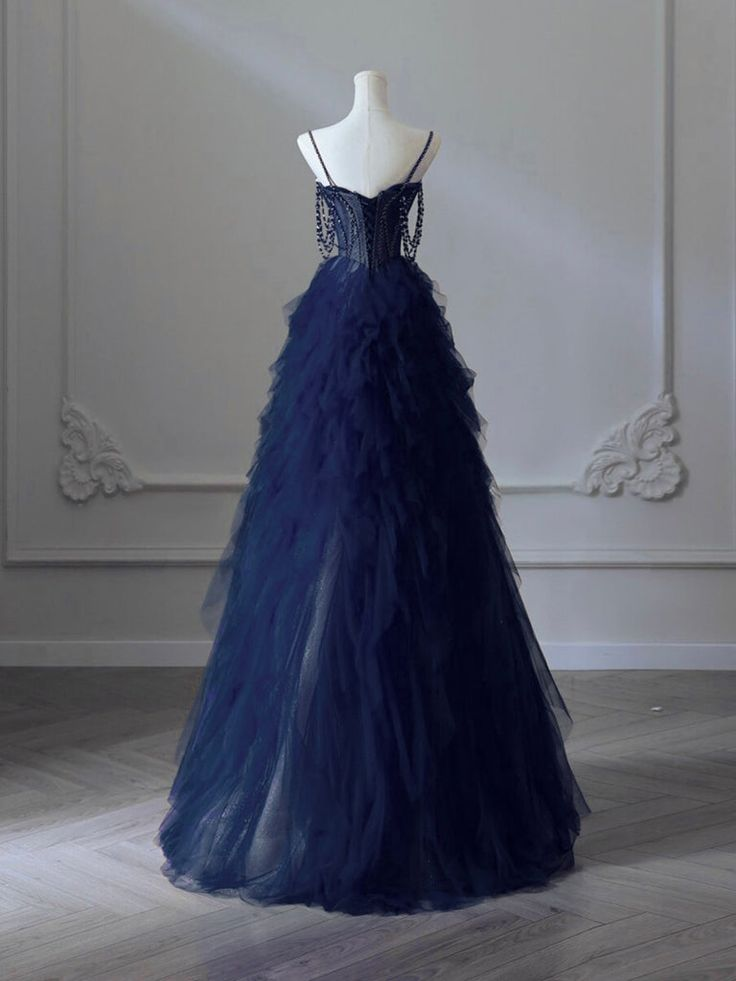 Pretty Sweetheart Neck Navy Blue Prom Dress, Tulle Beaded Long Graduation Dress Ball Gown