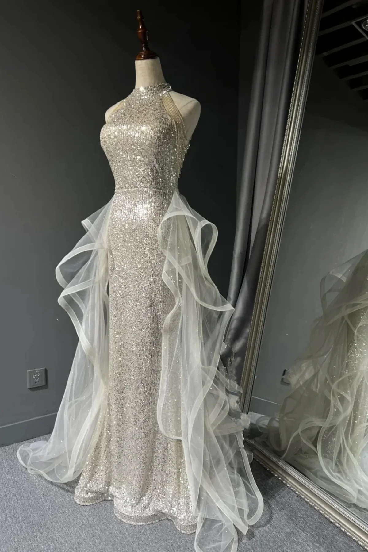 Chic White Tulle and Sequins Long Prom Dress, Halter A-line Party Dress Evening Dress