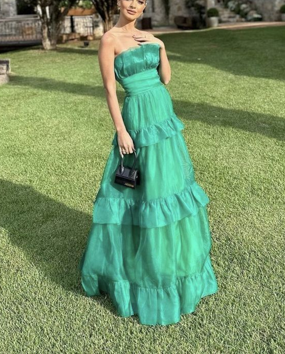 Green Strapless Tulle Layered Long Prom Dress A Line Evening Party Dress