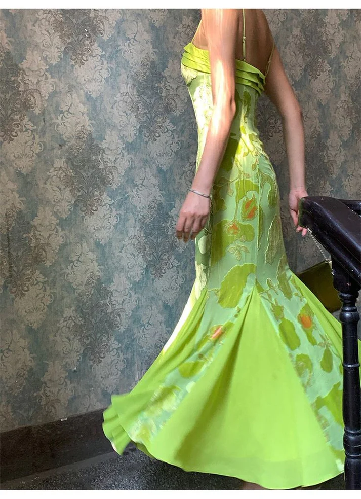 Unique Satin Print Floral Long Evening Gown Formal Mermaid Prom Dress Party Dress